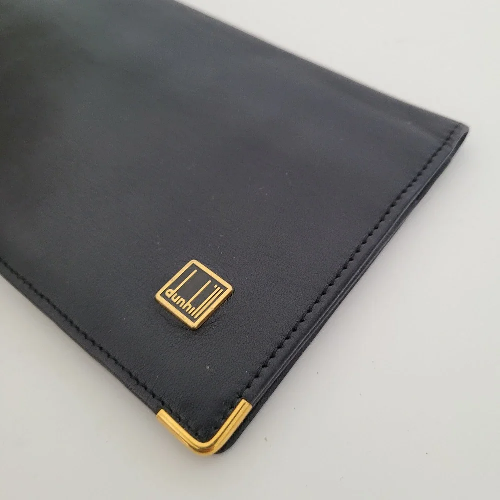 Dunhill Mens Black Leather Long Bi-Fold Wallet Gold Tone Corners Logo Pocket